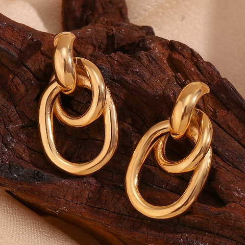 Boucles d'Oreilles Clous à Maillons Géométriques en Acier Inoxydable Plaqué Or 18K Femmes Minimalistes Style Français Bijoux
