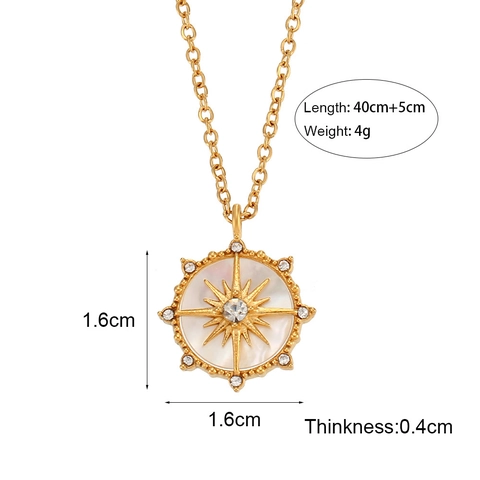 Stainless Steel Compass Star Pendant Necklace With Mother Of Artificial Pearl Shell Inlaid Zirconia Fashion Jewelry For Women