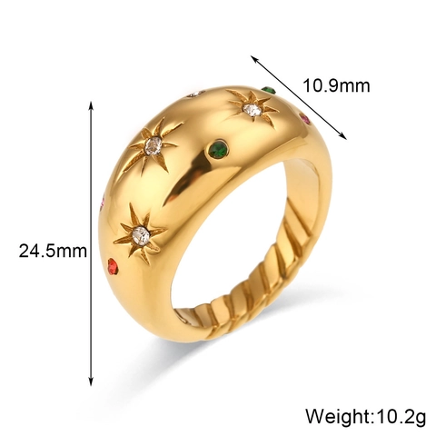 Fashion 18K Gold Plated Stainless Steel Dome Ring For Women Multicolor Zirconia Starburst Engraved Wide Band Ring Jewelry