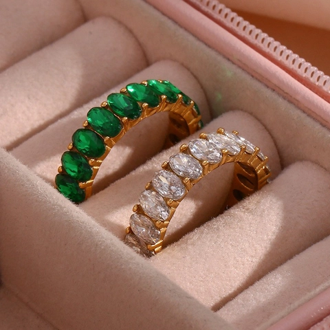 Stainless Steel Eternity Ring Oval Cut Zircon Rainbow Colorful Green Clear Stone Band Fashion Jewelry For Women