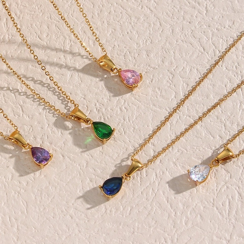 Wassertropfen Zirkonia Anhänger Halskette Edelstahl 18K Vergoldet Elegante Einfache Schlüsselbeinkette Schmuck Für Damen