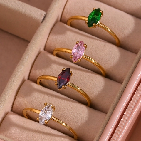 Mode Edelstahl Zirkonia Verstellbarer Offener Ring 18K Vergoldet Marquise Schliff Pferdeauge Stein Fingerring Für Damen Schmuck