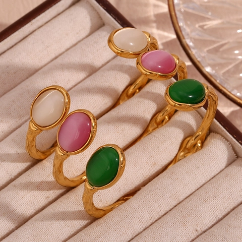 Vintage Open Armring Armband 18K Verguld Roestvrij Staal Onregelmatige Textuur Natuursteen Inleg Elegante Sieraden Voor Dames