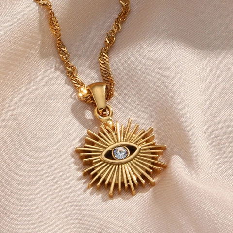 Stainless Steel Evil Eye Pendant Necklace With Water Wave Chain Rhinestone Inlaid Sunburst Radiant Jewelry For Women