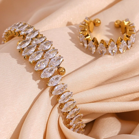 Marquise Zircon Open Bangle And Adjustable Ring Stainless Steel 18K Gold Plated Luxury Jewelry Women