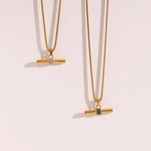 Minimalist Stainless Steel T-Bar Pendant Necklace For Women 18K Gold Plated Cylinder Geometric Zirconia Inlaid Fashion Jewelry