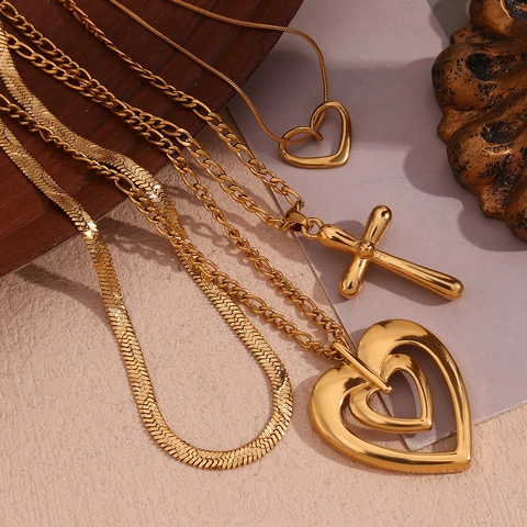 Women Necklace 18K Gold Plated 316L Stainless Steel Heart Cross Pendant Minimalist Geometric Snake Figaro Herringbone Chain