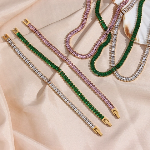 Women Elegant Baguette Cut Zirconia Tennis Chain Necklace And Bracelet 18K Gold Plated Stainless Steel Jewelry