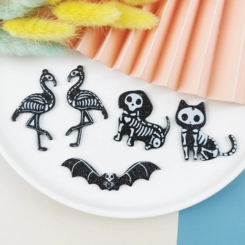 Acrylic Halloween Animal Skeleton Pendants Glitter Gothic Cat Dog Flamingo Bat Charms For DIY Jewelry Making Accessories
