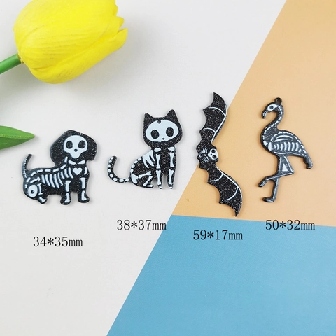 Acrylic Halloween Animal Skeleton Pendants Glitter Gothic Cat Dog Flamingo Bat Charms For DIY Jewelry Making Accessories