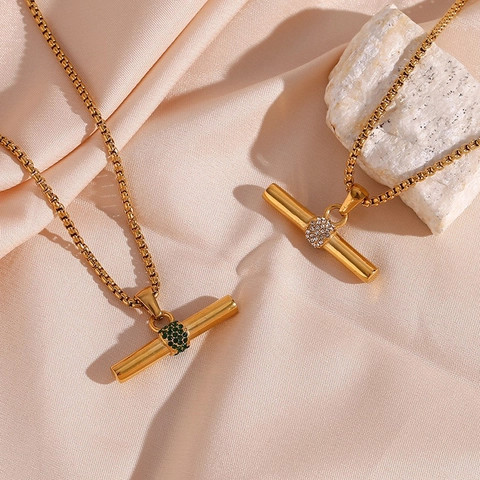 Minimalistisch Edelstahl T-Bar Anhänger Halskette Für Damen 18K Vergoldet Zylinder Geometrisch Zirkonia Eingelegt Mode Schmuck