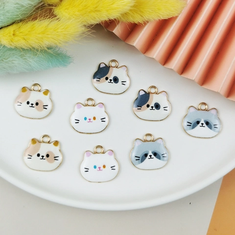 Cute Alloy Enameled Cat Head Pendants For DIY Jewelry Making Necklace Keychain Accessories Handcrafted Materials