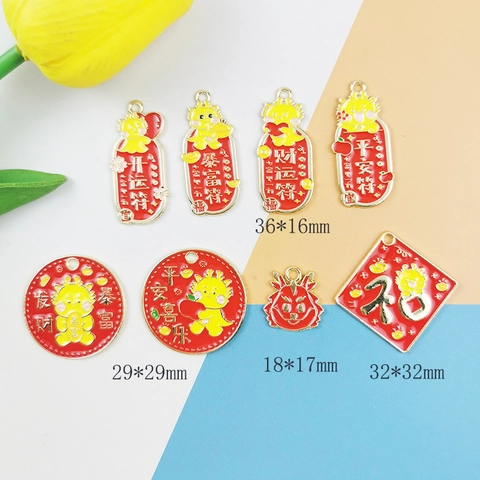 Traditional Style Alloy Enamel Dragon Pendants For DIY Jewelry Making Auspicious Character Fortune Blessing Charms Red Gold Enamel Accessories