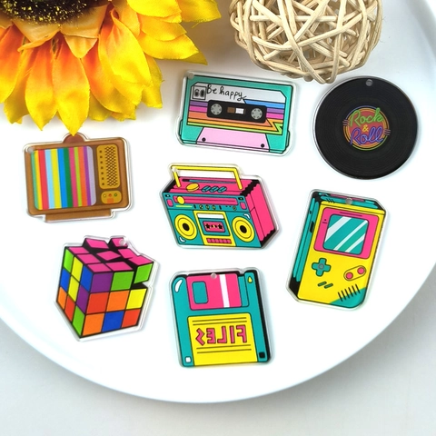 Vintage Retro Acrylic Charms Printed Cassette TV Game Console Vinyl Record Floppy Disk Colorful DIY Jewelry Making Pendants