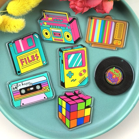 Vintage Retro Acrylic Charms Printed Cassette TV Game Console Vinyl Record Floppy Disk Colorful DIY Jewelry Making Pendants
