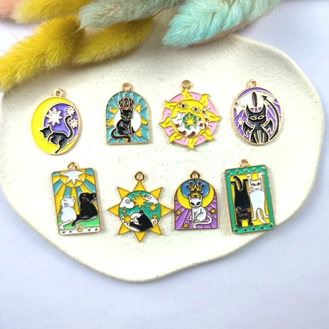 Alloy Enamel Black Cat Tarot Card Pendants Celestial Moon Star Sun Charms For DIY Jewelry Making Keychain Bracelet Accessories