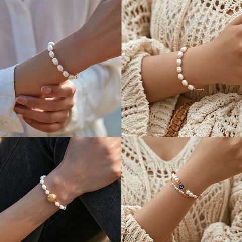 Elegant 18K Gold Plated Freshwater Pearl Bracelet For Women Vintage Handmade Shell Pearl Beads Evil Eye Charm Bracelet Jewelry