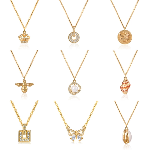 Vintage Copper Zirconia Pendant Necklace Real Gold Plated Heart Butterfly Crown Artificial Pearl Necklace Jewelry For Women