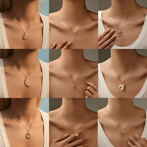 18K Gold Plated Copper Zirconia Heart Moon Flower Pendant Necklace For Women Elegant Dainty Personality Chain Necklaces Fashion Jewelry