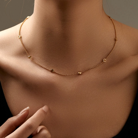 Minimalist Brass 18K Gold Plated Zirconia Station Necklace Dainty Round Bezel Set Accents Fashion Jewelry For Women