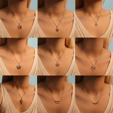 18K Gold Plated Copper Necklace For Women Fashion Zircon Inlaid Flower Heart Moon Owl Pendant Jewelry Elegant Accessories