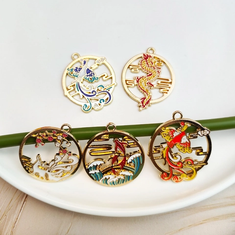Chinese Style Alloy Enamel Animal Pendants Hollow Round Dragon Phoenix Carp Fox DIY Jewelry Making Charms Accessory