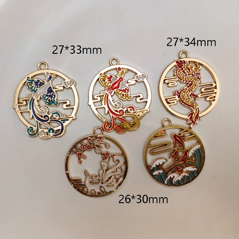 Chinese Style Alloy Enamel Animal Pendants Hollow Round Dragon Phoenix Carp Fox DIY Jewelry Making Charms Accessory