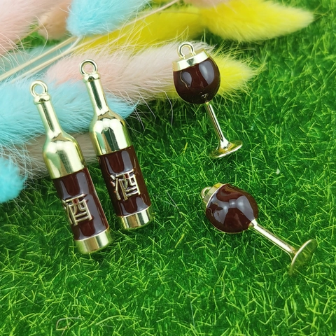 DIY Jewelry Findings Gold Plated Alloy Drip Oil Mini Wine Glass Wine Bottle Charms Pendants For Earring Necklace Crafting Materials