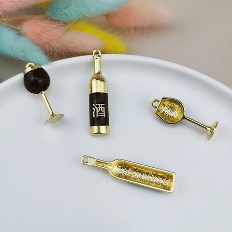 DIY Jewelry Findings Gold Plated Alloy Drip Oil Mini Wine Glass Wine Bottle Charms Pendants For Earring Necklace Crafting Materials