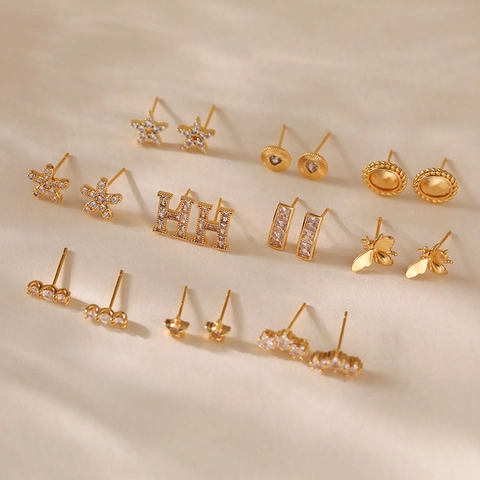 Kupfer Vergoldet Zirkonia Ohrstecker Für Damen Exquisite Buchstabe H Biene Stern Blume Geometrisch Mode Schmuck Zubehör