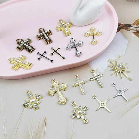 DIY Alloy Cross Charms With Artificial Pearl Rhinestone For Jewelry Making Handmade Enamel Religious Pendants Material