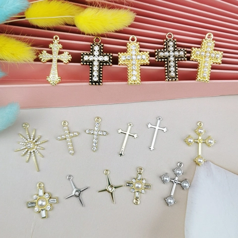 DIY Alloy Cross Charms With Artificial Pearl Rhinestone For Jewelry Making Handmade Enamel Religious Pendants Material