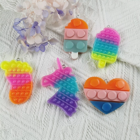 DIY Pop It Anhänger Silikon Harz Einhorn Herz Eiscreme Form Stressabbau Schlüsselanhänger Charms Für Schmuckherstellung