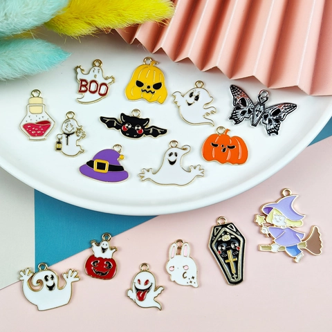 Halloween Alloy Enamel Charms Ghost Pumpkin Bat Witch Hat Coffin DIY Jewelry Making Pendants For Earrings Bracelet Necklace