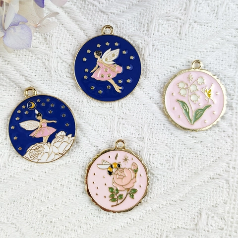 Enamel Alloy Fairy Butterfly Bee Round Pendants For DIY Jewelry Making Colorful Drip Oil Charms For Necklace Bracelet Accessories