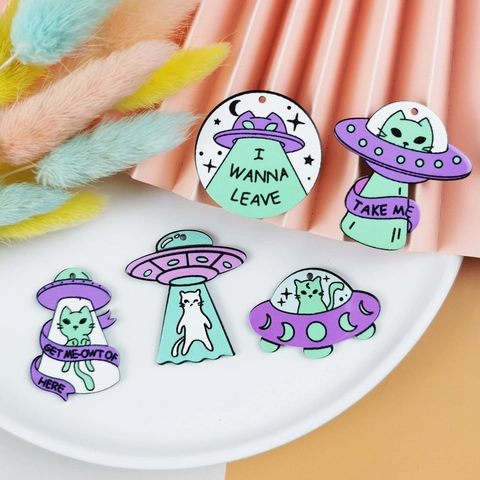 DIY Καρτούν Γάτα UFO Ακρυλικά Κρεμαστά για Κατασκευή Κοσμημάτων Εξωγήινο Διαστημόπλοιο Μενταγιόν για Σκουλαρίκια Κολιέ Βραχιόλι DIY Χειροτεχνία