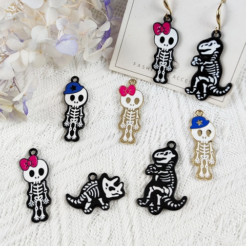 Halloween Skeleton Dinosaur Enamel Alloy Pendants Spooky Cartoon Skull Bone Charms For DIY Jewelry Making Accessories