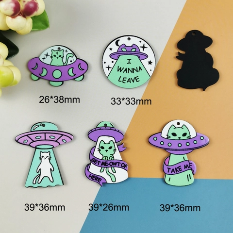 DIY Καρτούν Γάτα UFO Ακρυλικά Κρεμαστά για Κατασκευή Κοσμημάτων Εξωγήινο Διαστημόπλοιο Μενταγιόν για Σκουλαρίκια Κολιέ Βραχιόλι DIY Χειροτεχνία