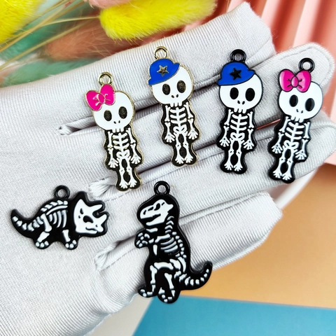 Halloween Skeleton Dinosaur Enamel Alloy Pendants Spooky Cartoon Skull Bone Charms For DIY Jewelry Making Accessories