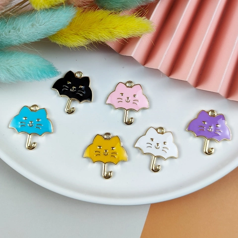 Metal Enamel Cat Umbrella Charms Cartoon Animal Pendants For DIY Jewelry Making Bracelet Necklace Accessories