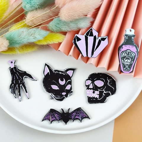 Ciondoli in Acrilico Spaventosi per Halloween Fai Da Te Pipistrello Teschio Bottiglia di Veleno Gatto Gotico per Creazione Gioielli