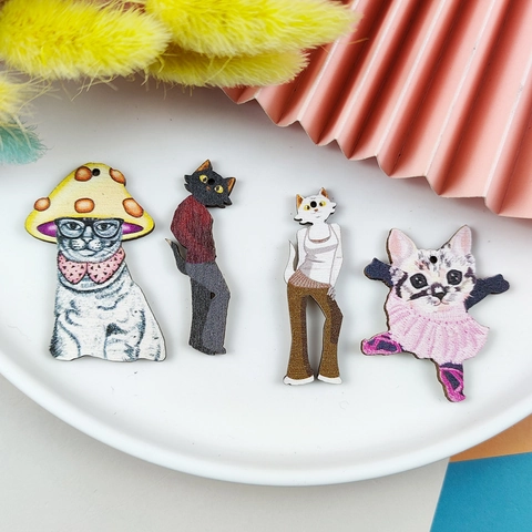 Cartoon Cat Wooden Pendants For DIY Jewelry Making Cute Animal Printed Wood Charms For Keychain Necklace Crafting Accessories