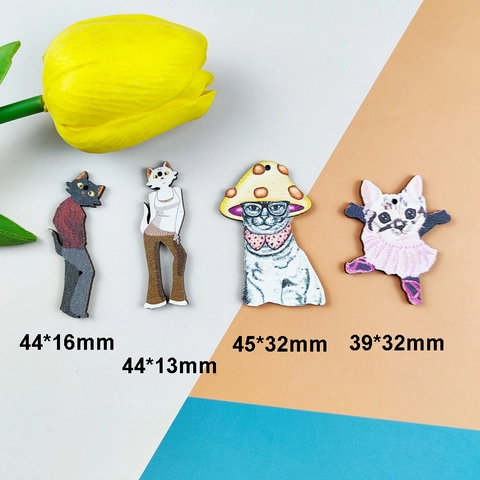 Cartoon Cat Wooden Pendants For DIY Jewelry Making Cute Animal Printed Wood Charms For Keychain Necklace Crafting Accessories