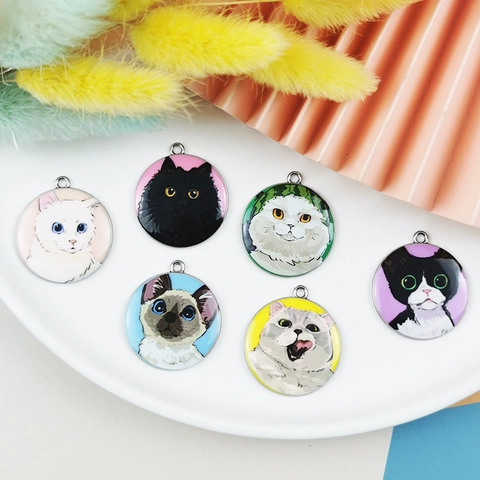 Round Alloy Cat Head Illustration Charm Drip Oil Animal Pattern Pendant For DIY Jewelry Making Earrings Necklace Accessories