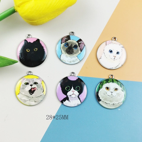 Round Alloy Cat Head Illustration Charm Drip Oil Animal Pattern Pendant For DIY Jewelry Making Earrings Necklace Accessories