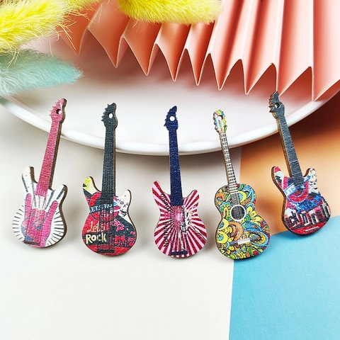 Wooden Guitar Shaped Painted Pendants DIY Jewelry Accessories Retro Rock Style Printed Wood Charms For Earring Necklace Making
