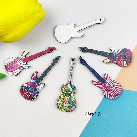 Wooden Guitar Shaped Painted Pendants DIY Jewelry Accessories Retro Rock Style Printed Wood Charms For Earring Necklace Making