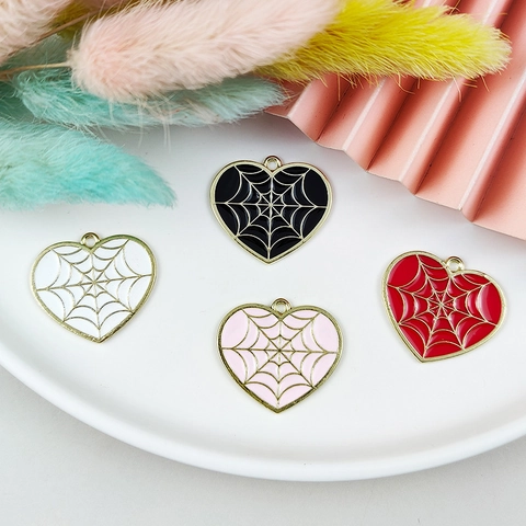 Alloy Enamel Heart Spider Web Pendant Charm For Halloween DIY Jewelry Making Gothic Gold Plated Earring Necklace Accessory