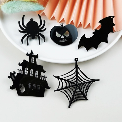 Halloween Black Acrylic Charms For DIY Jewelry Making Pumpkin Spider Bat Ghost House Pendants For Earring Accessories
