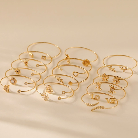 Cuff Bracelet Brass 18K Gold Plated Zirconia Inlaid Nature Leaf Heart Butterfly Adjustable Open Bangle Jewelry For Women Gift